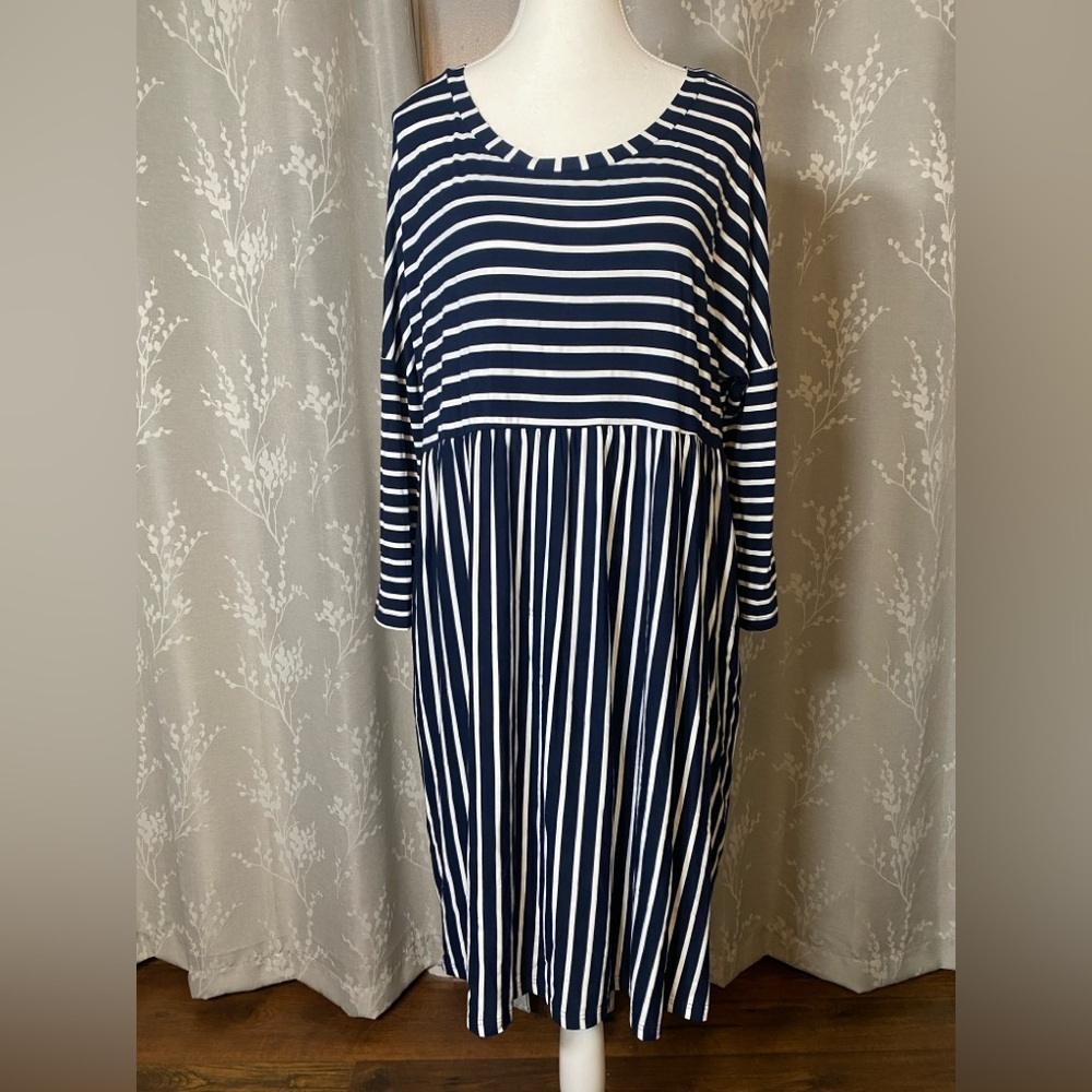 Suzanne Betro Navy & White Striped Empire Knit Midi Dress | NWT | Size 2X